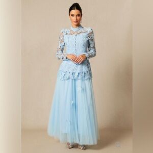 Embroidered Light Blue Lace Maxi Dress | Long Sleeve Formal | New with Tags